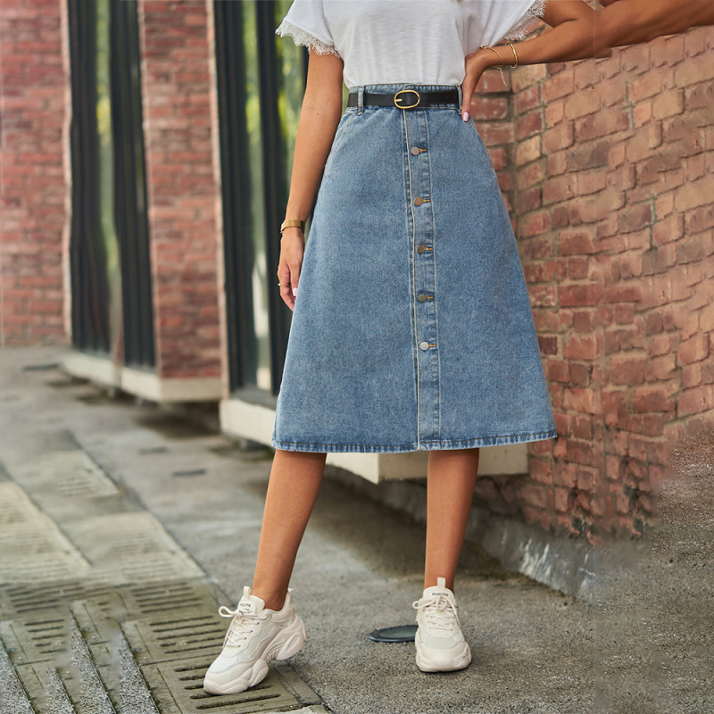 A-Line Skirt Midi - 多用途スリムウォッシュドデニムワンボタンミディスカート子供用2026新作キッズファッションハイウエストスカート