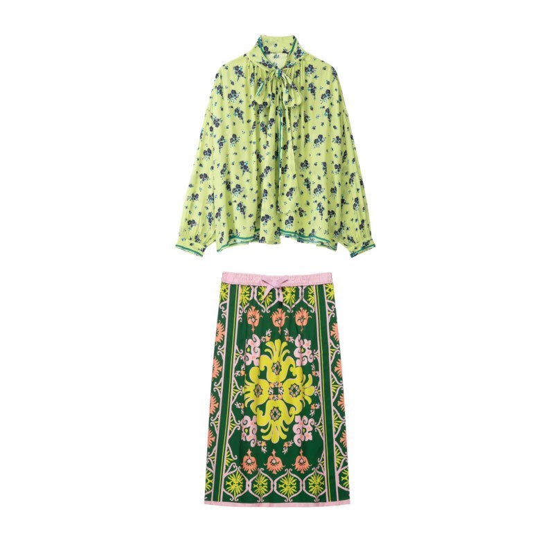 A-Line Skirt Midi - HipSeam レディースプリントミディスカートセット 新作2026年秋 ハイネックルーズシャツとボウ付きゴムウエストスカート 2ピース女性用セットアップ