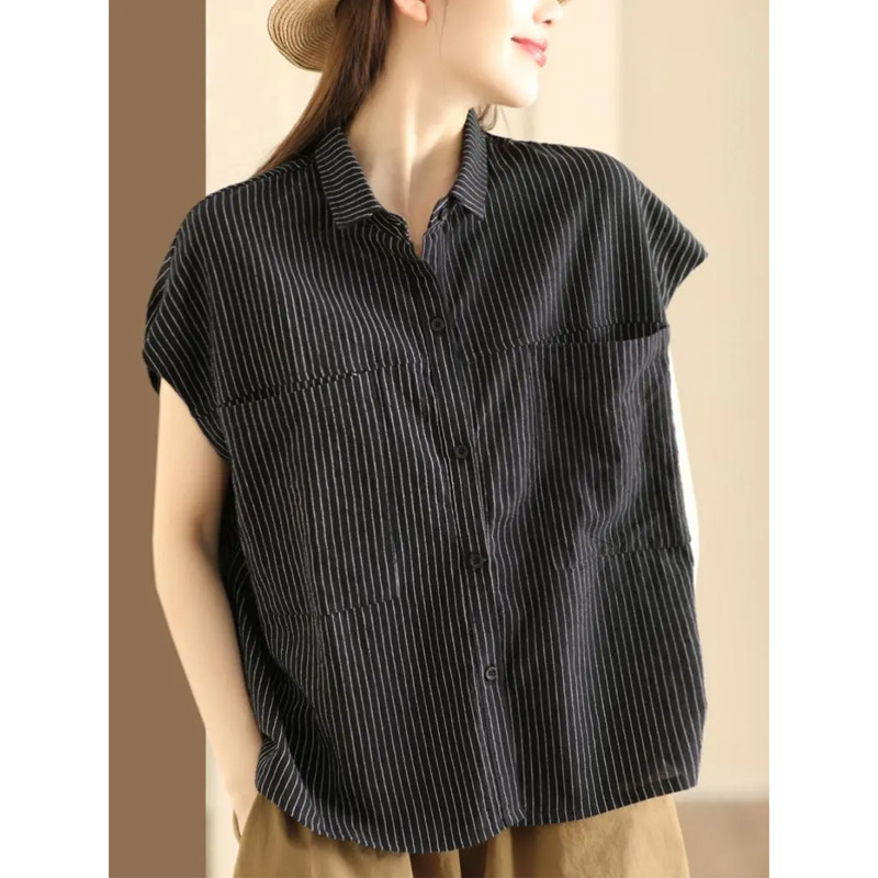 Women'S Fashion Jersey - プラスサイズの女性の夏のファッション快適なブラウスノースリーブストライプオフィスレディ新着トレンディ通気性
