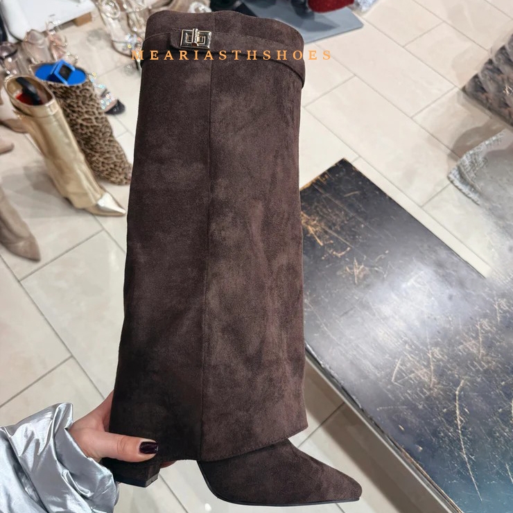 Women'S Fashion Winter 2025 - レディースチャンキーヒールニーハイブーツ、ポインテッドトゥ、ブラックPUレザーロングブーツ、レディース秋冬2025ファッション、シャークブーツ（女性用）