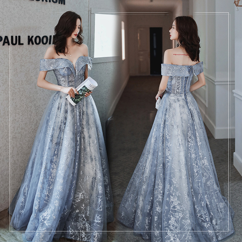 Women Fashion Gown - スモークグレー ワンショルダー イブニングドレス 司会者 成人式 誕生日パーティー