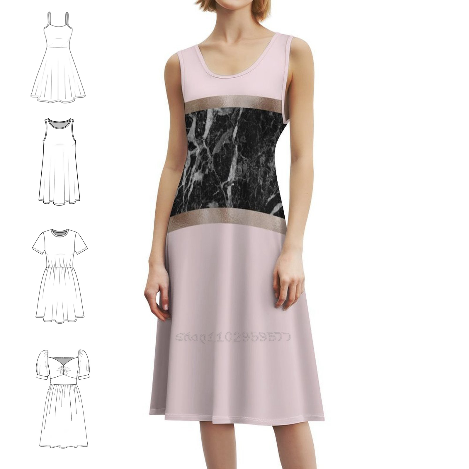 Women Fashion Gown - ストロベリー アンド クリーム - ブラック マーブル