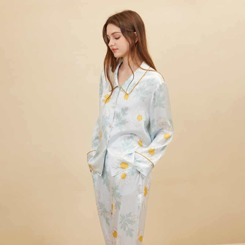 Women'S Fashion Suit - ファッションデイジープリントパジャマ女性長袖エレガントな 100% 桑シルク部屋着ハイエンドホームスーツ女性パジャマ
