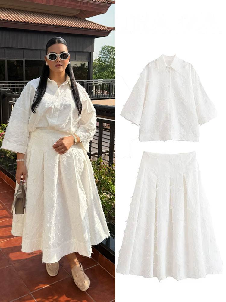A-Line Skirt Midi - HH レディース タッセルセット ホワイト ターンダウンカラー シングルブレストシャツ+ハイウエストジッパーAラインロングスカート