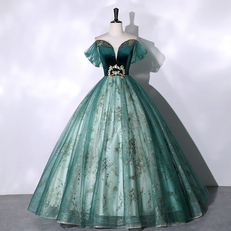 Women Fashion Gown - 2026年ボーカルアート試験、ピアノ演奏、ベルカントソロ演奏用ドレス、インクグリーンのベルベット製ファッションイブニングドレス、女性司会者