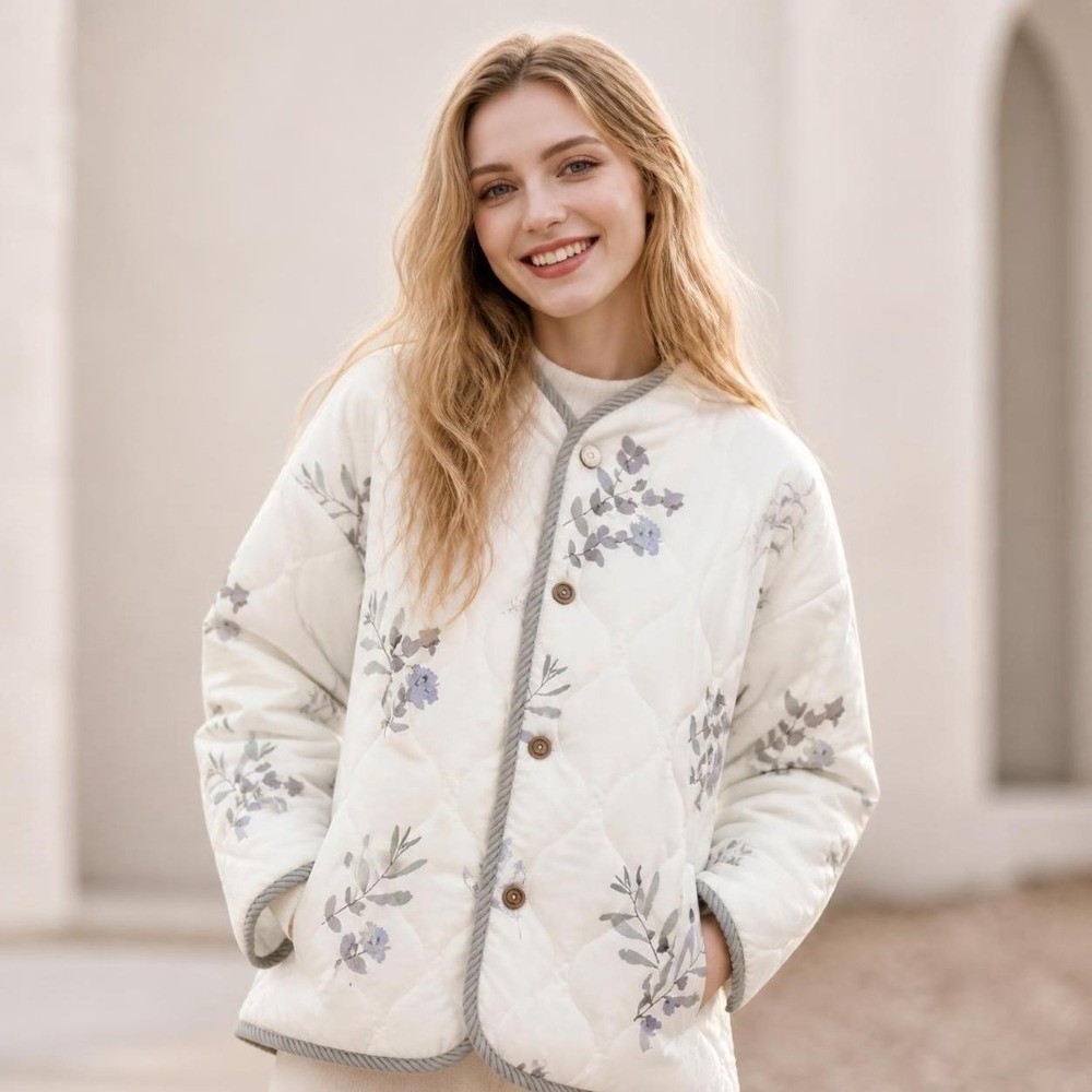 Women'S Y2K Fashion Aesthetic - ファッションY2K女性用コート 花柄 ラウンドカラー パッド入りコットンジャケット ルーズフィット 美的