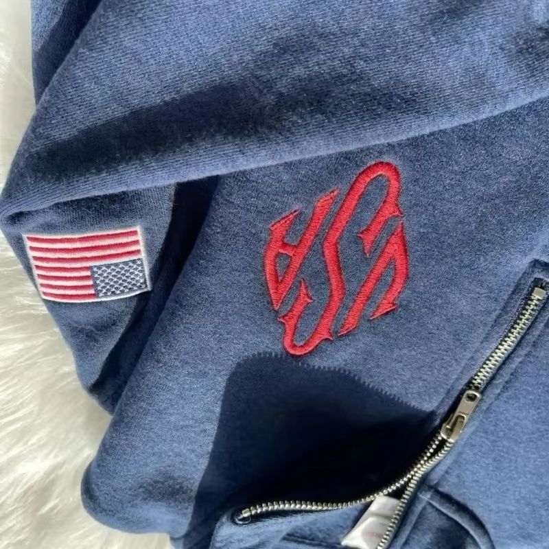 Women'S Fashion Quarter Zip - クォータージップスウェットシャツ Y2K ネイビーブルー USA 刺繍アメリカ国旗パッチワークジャケット メンズ
