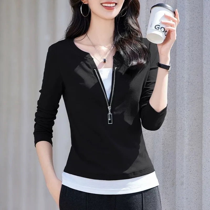 Women'S Fashion Quarter Zip - レディースファッション Vネック ジップアップ 長袖 フェイクツーピースブラウス 2026