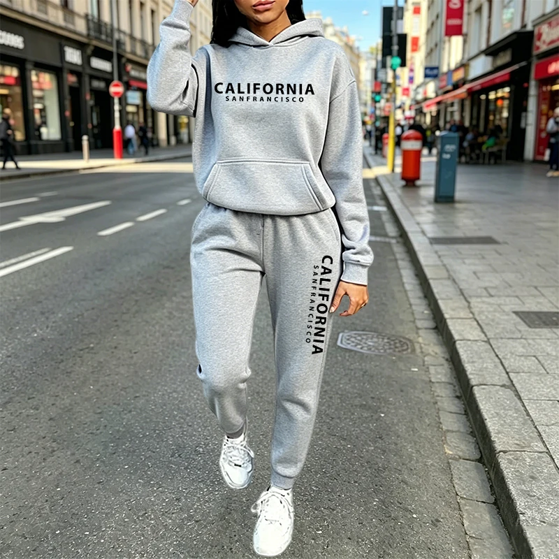Women'S Fashion Suit - 都会的なカジュアルファッション フーディジョガースーツ 秋冬コーデ カリフォルニアプリント レディース セットアップ