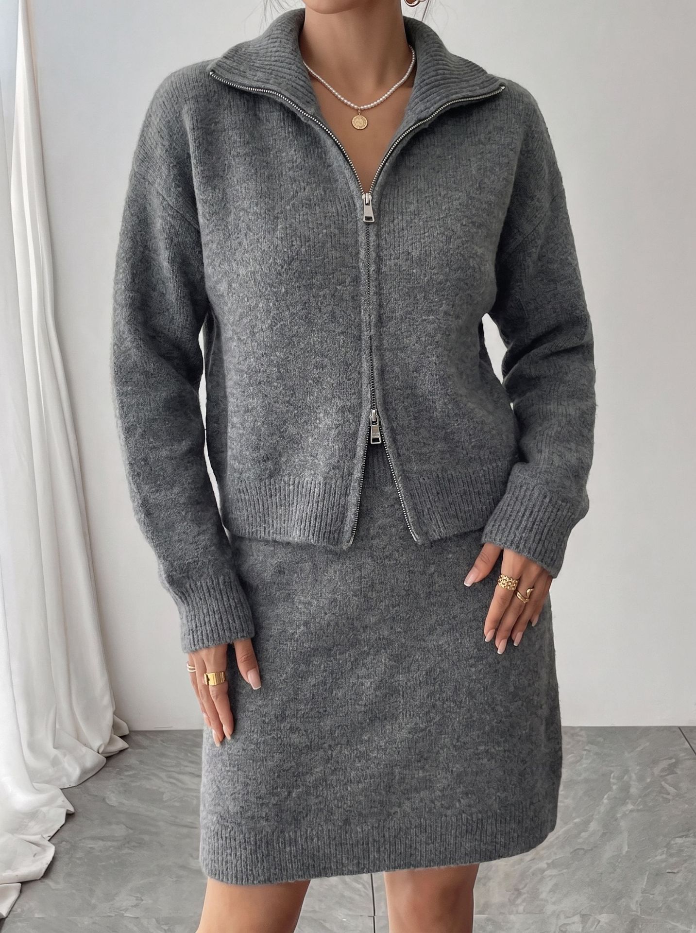 Women'S Fashion Quarter Zip - 初秋のエレガントなニットジップトラックスーツ女性用、ハイウエストスリムスカートツーピースセット