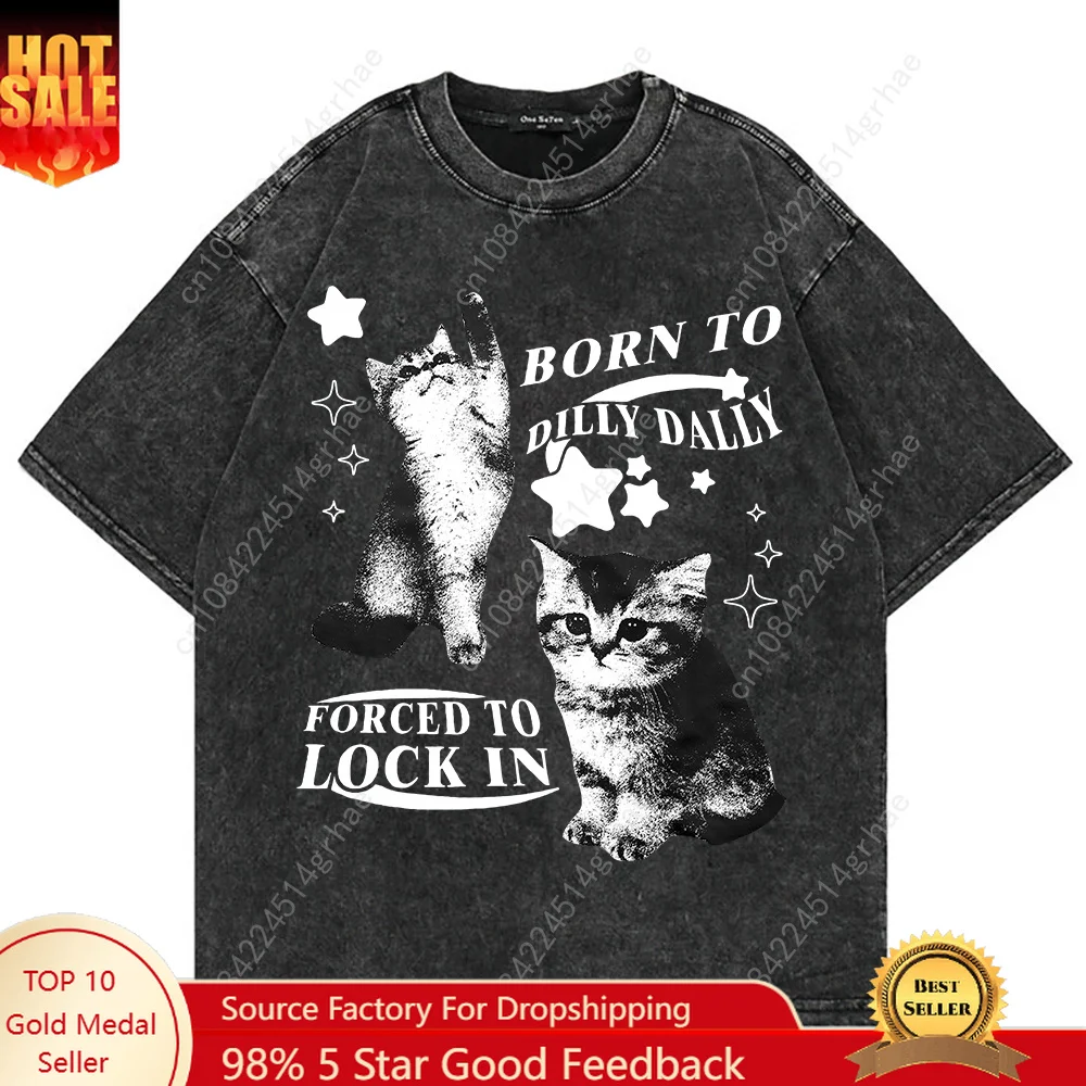 Women'S Y2K Fashion Aesthetic - 100% コットンヴィンテージウォッシュ Y2k 面白い猫ミーム Tシャツファッション男性/女性美的グラフィックオーバーサイズルーズ酸洗い Tシャツシャツ