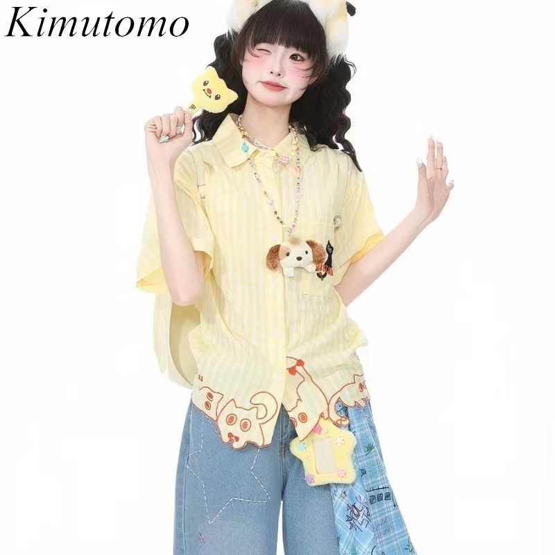 Women'S Y2K Fashion Aesthetic - Kimutomo シャツ女性刺繍猫チェック柄半袖甘いファッションヴィンテージ Y2k 美的原宿ブラウス女性カジュアル