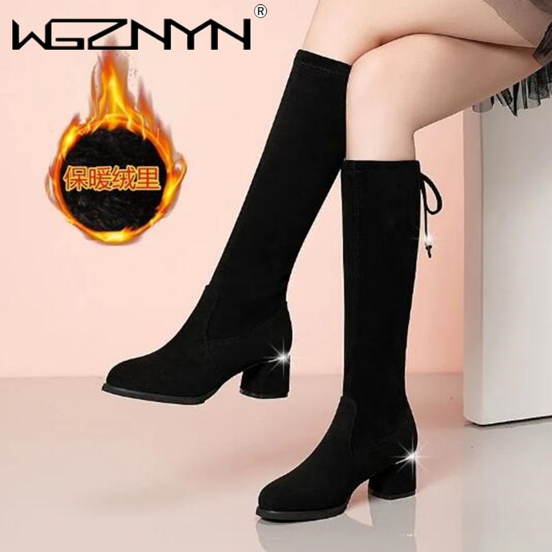 Women'S Fashion Winter 2025 - 女性の丸いつま先のスエードハイヒールブーツ,快適な黒い膝の靴,秋,冬,新しい,ファッション,2022
