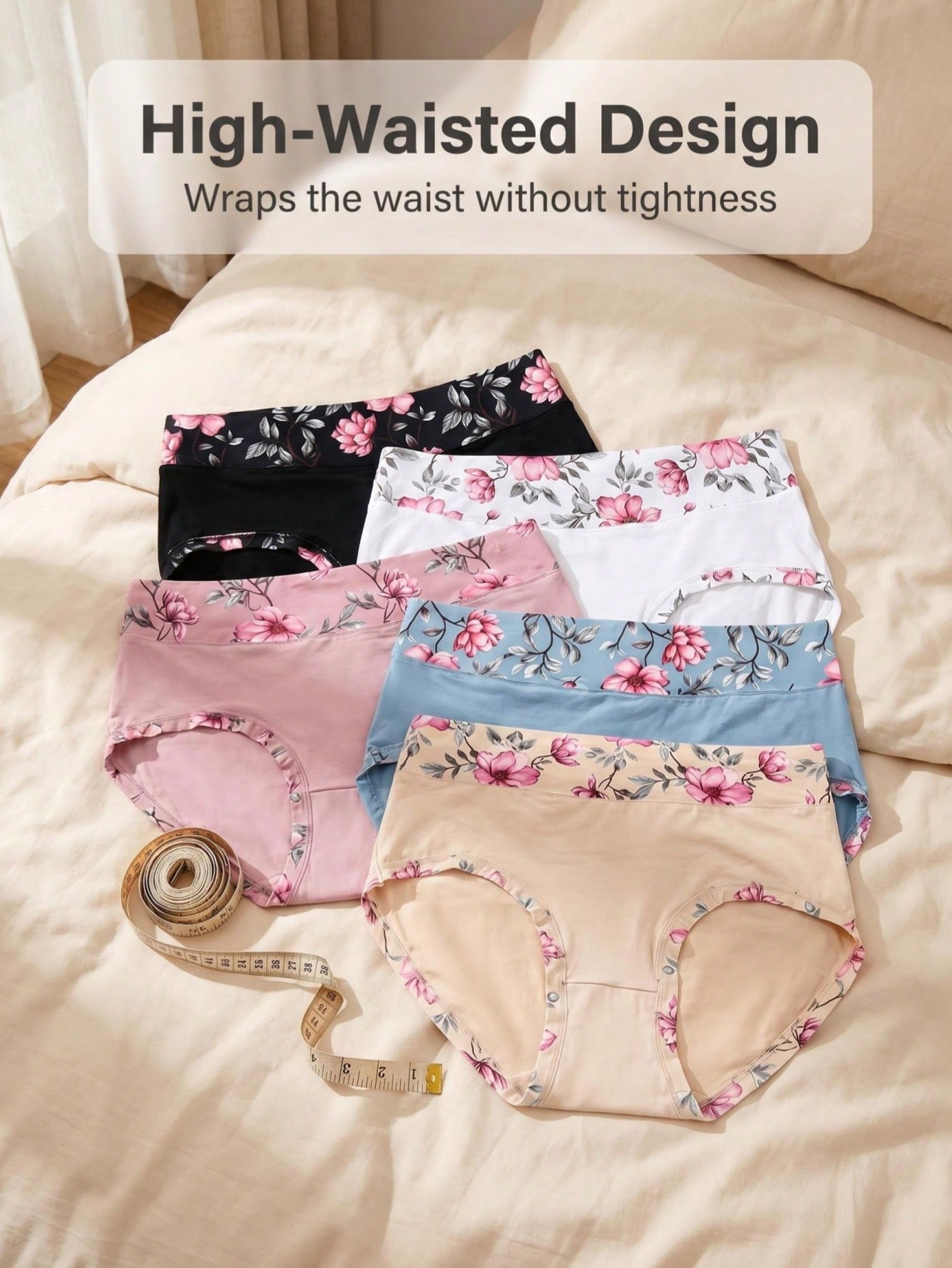 Women'S Fashion Underwear - 5 個のプラスサイズの女性用フラワープリントパンティー、ミッドウエストフルカバーブリーフセット、ソフトファッション下着セット、夏の日常着、