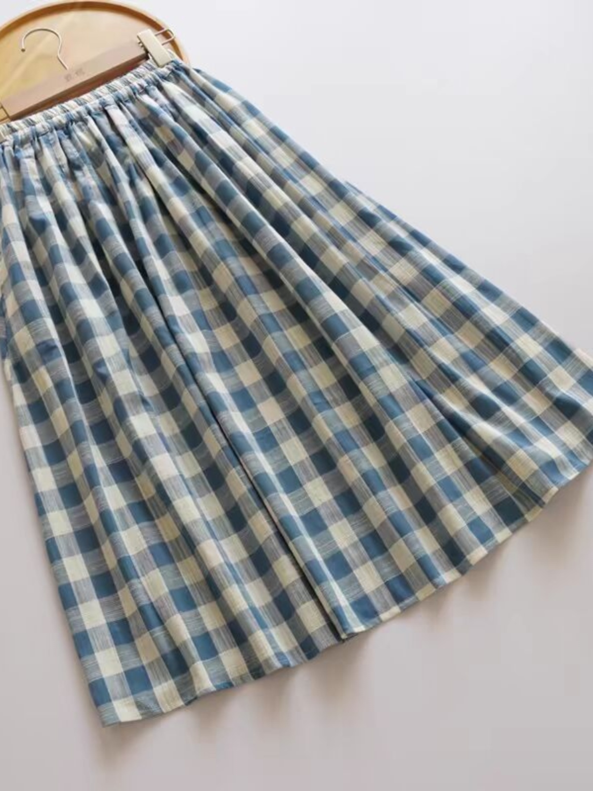 A-Line Skirt Midi - ルーズミディブルーチェック柄竹綿ハーフスカート女性のAラインスカート快適なストレートカット通勤スタイル春のファッション