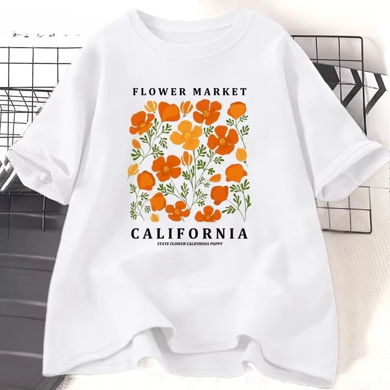 Women'S Fashion Market Size - フラワーマーケットカリフォルニア Tシャツ女性綿花 Tシャツカジュアル半袖 O ネック Tシャツルーズ婦人服トップス