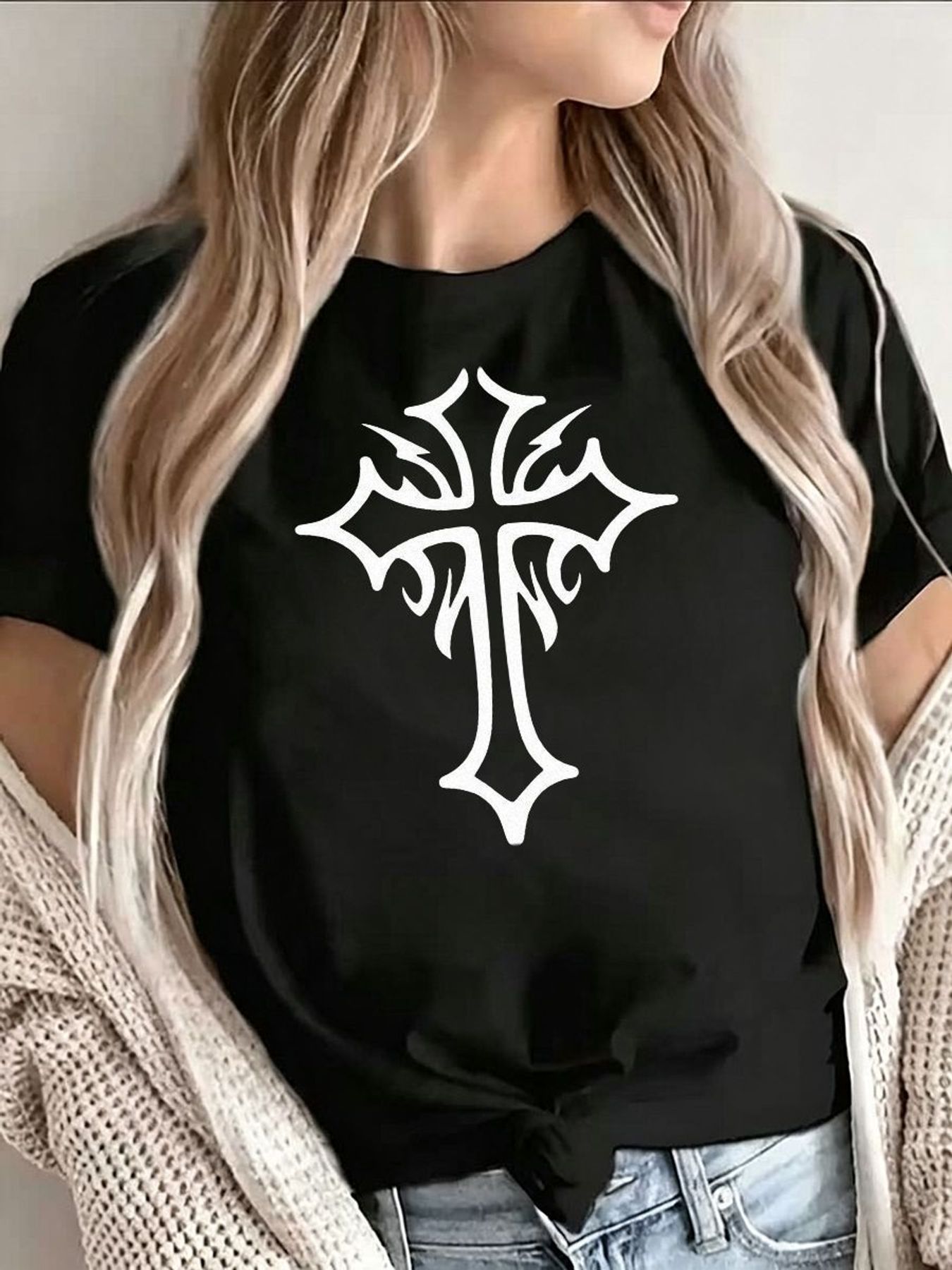 Women'S Y2K Fashion Aesthetic - ゴシッククロスグラフィック Tシャツ女性ファッションストリートストレッチプラスサイズ半袖カジュアル美的 Y2K ソフト Tシャツ服
