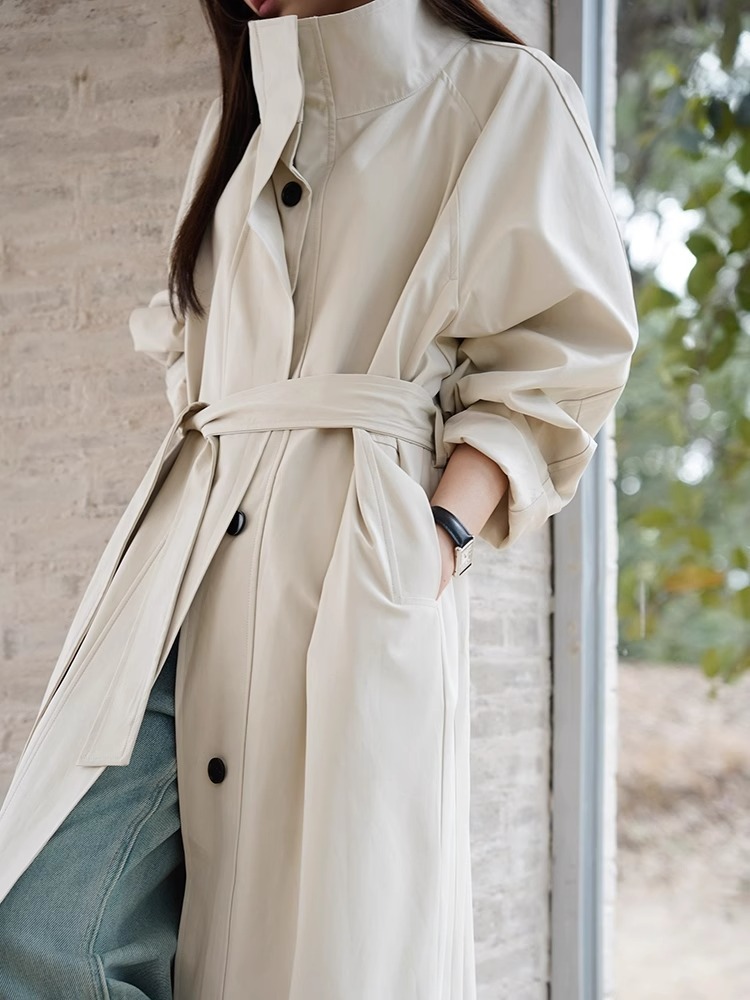 Women'S Fashion Raincoat - ブラウントレンチレディースファッショナブルレインコートバケーションパーソナリティウーマンVネックオープンステッチサッシュベルトスタンドアブリゴスストリートウェア