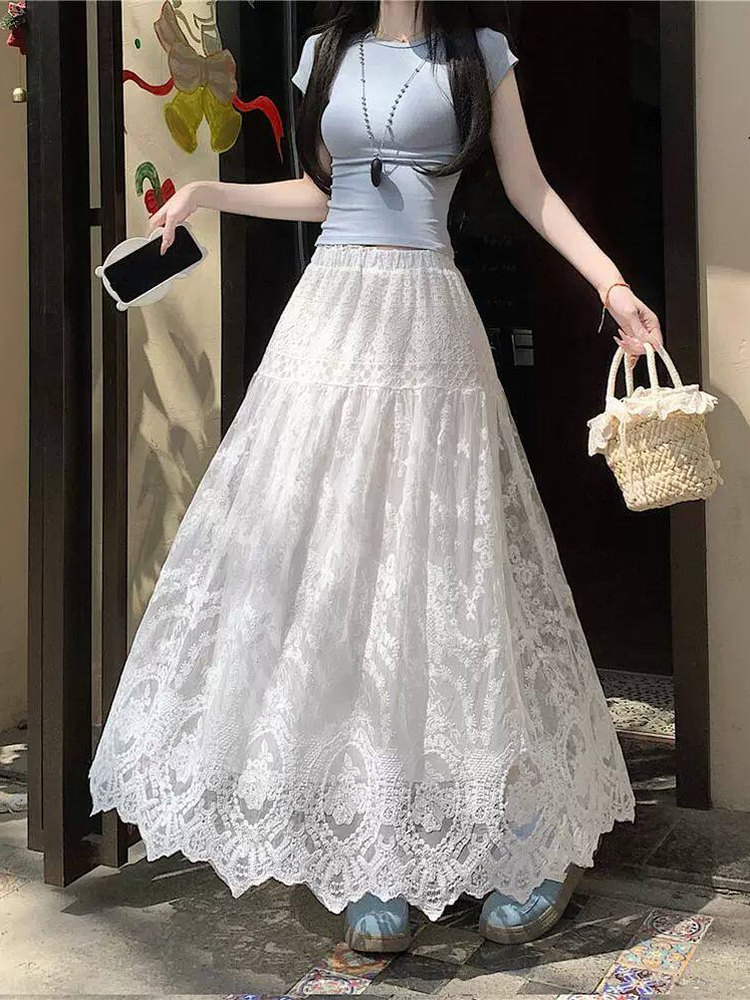 A-Line Skirt Midi - プラスサイズの女性のハイウエストレースフック装飾Aラインミディスカートカジュアル夏のファッションプラスサイズの服の形