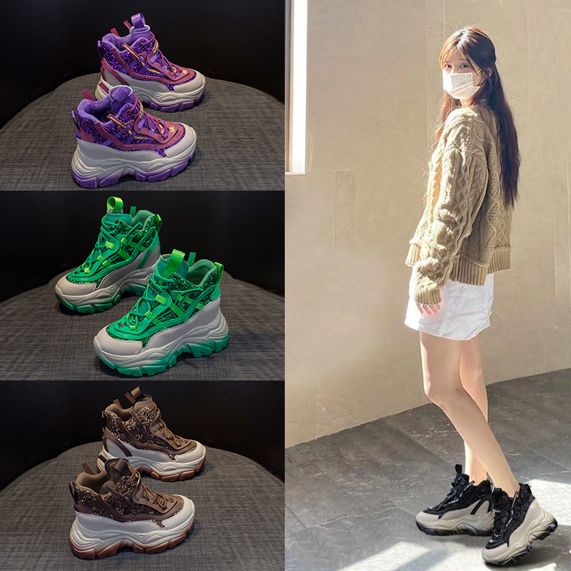 Women'S Fashion Winter 2025 - 2025年 レディース 隠しウェッジスニーカー 8.5CMソール 厚底プラットフォームシューズ グリッター