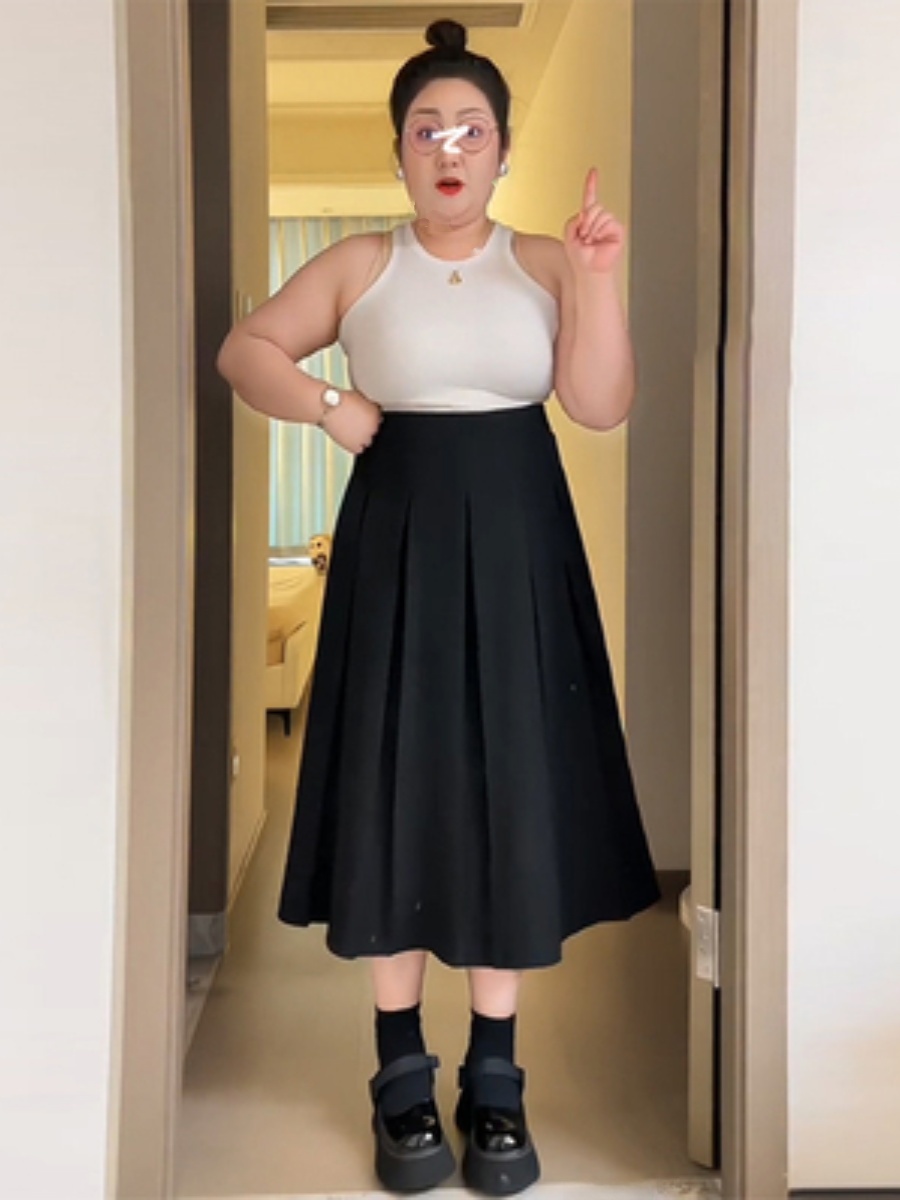 A-Line Skirt Midi - プラスサイズ ビジネスカジュアル ミディスカート Aライン プリーツ ハイウエスト
