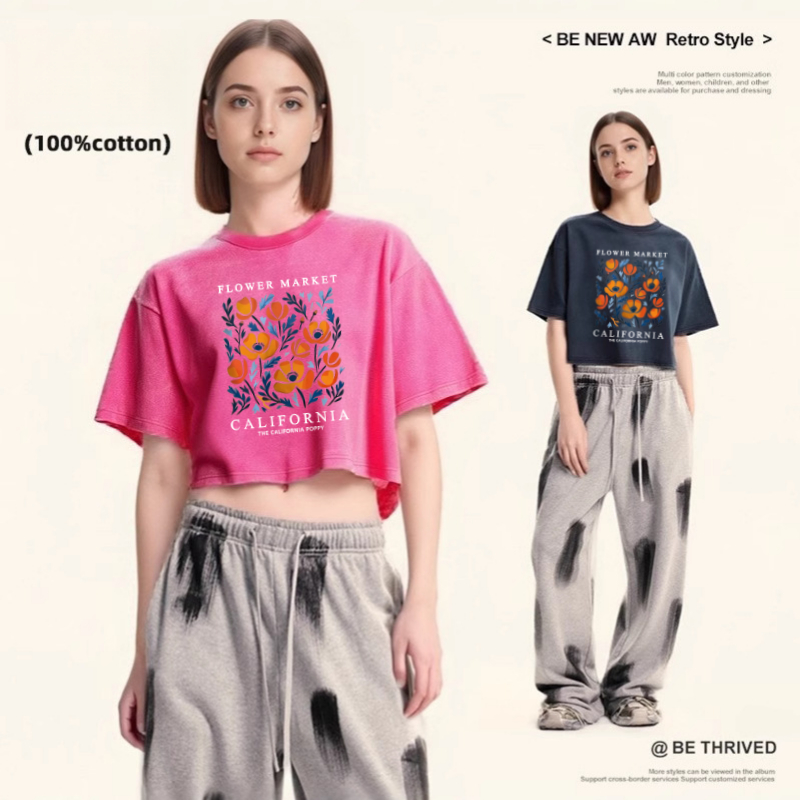 Women'S Fashion Market Size - イエローフラワーズマーケットカリフォルニアプリントサマーコットンラウンドネックTシャツウォッシュドルーズOネック半袖レディーストップ