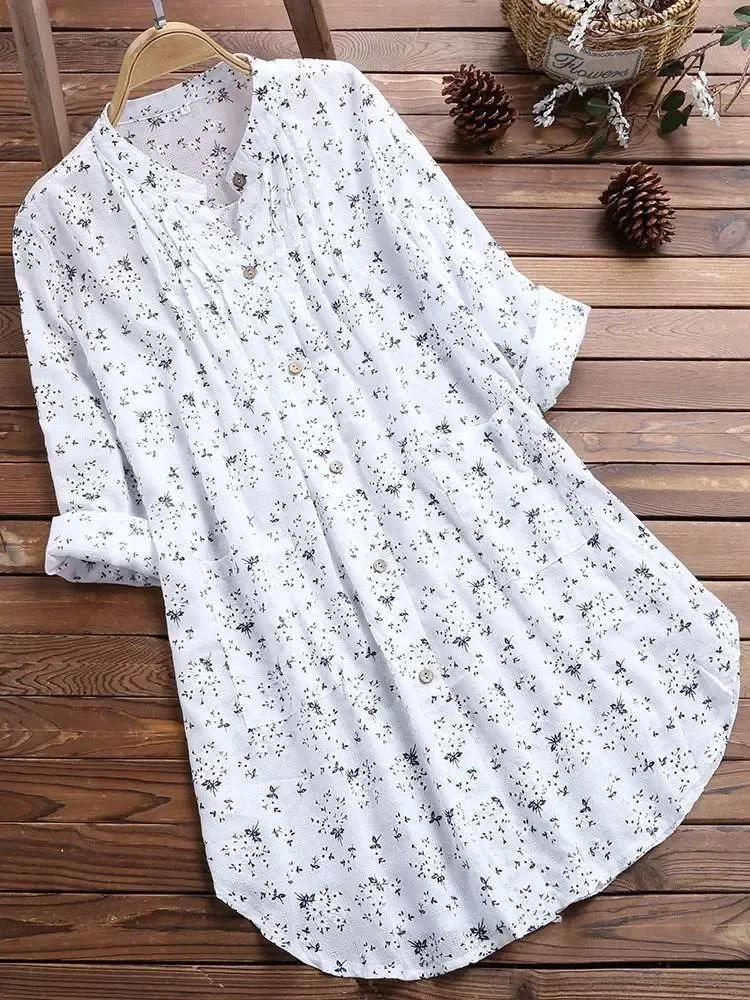 Women'S Fashion Jersey - プラスサイズの女性のシャツ 2025 新しい白長袖カジュアルかわいい甘いブラウスエレガントなファッションフラワープリントラペルボタンアップトップ