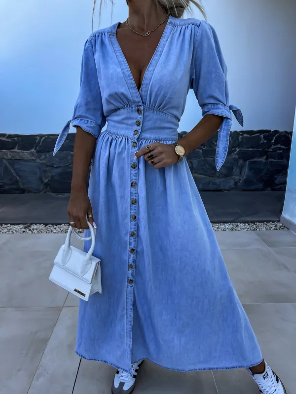 Women Fashion Gown - おしゃれなデニムワンピース Vネック 半袖 ジーンズワンピース ボタンフロント マキシ丈