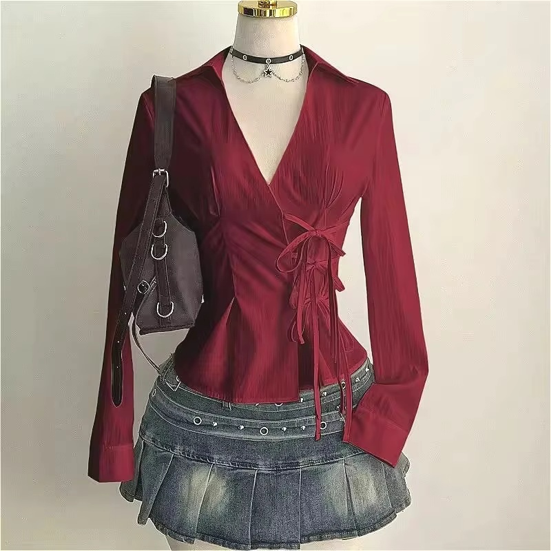 Women'S Y2K Fashion Aesthetic - ファッション長袖ブラウスセクシーな女性スリムフィットシャツ V ネック原宿オフィスレディ美的 Y2K タイウエストゴシックストリートトップス