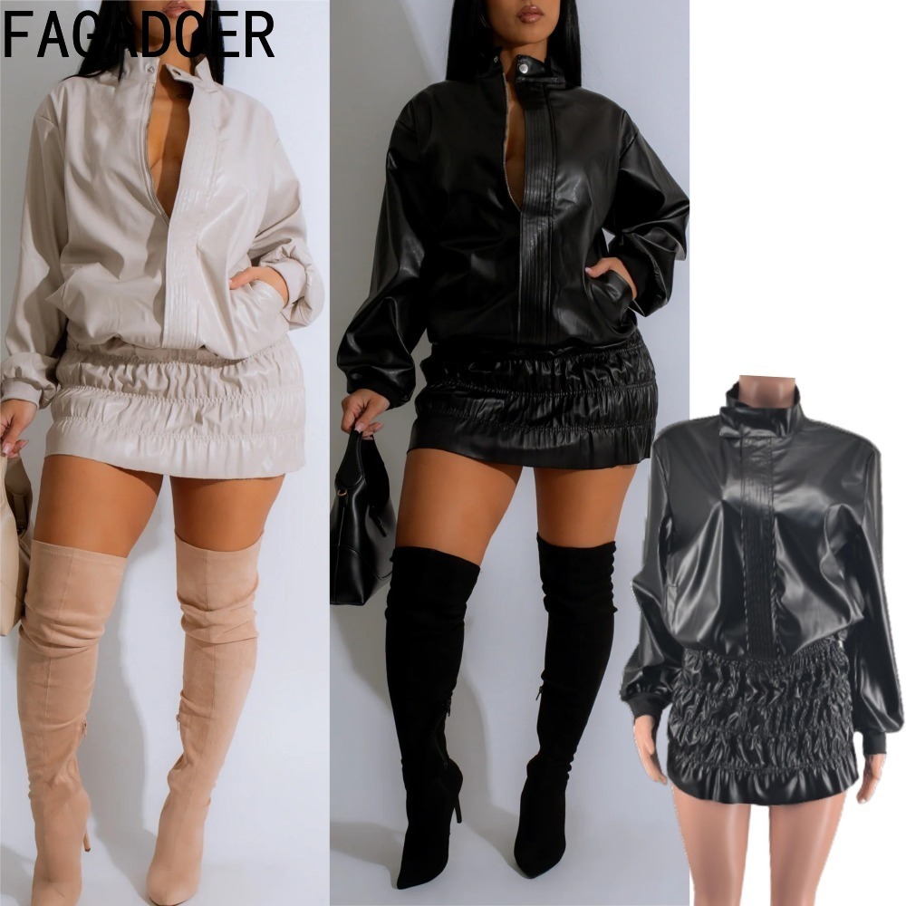 Women'S Fashion Quarter Zip - Fagadoer-女性用ツーピースレザーセット,長袖,ジッパー付きジャケット,シャーリングパッチワークスカート,ストリートウェア,パンクファッション