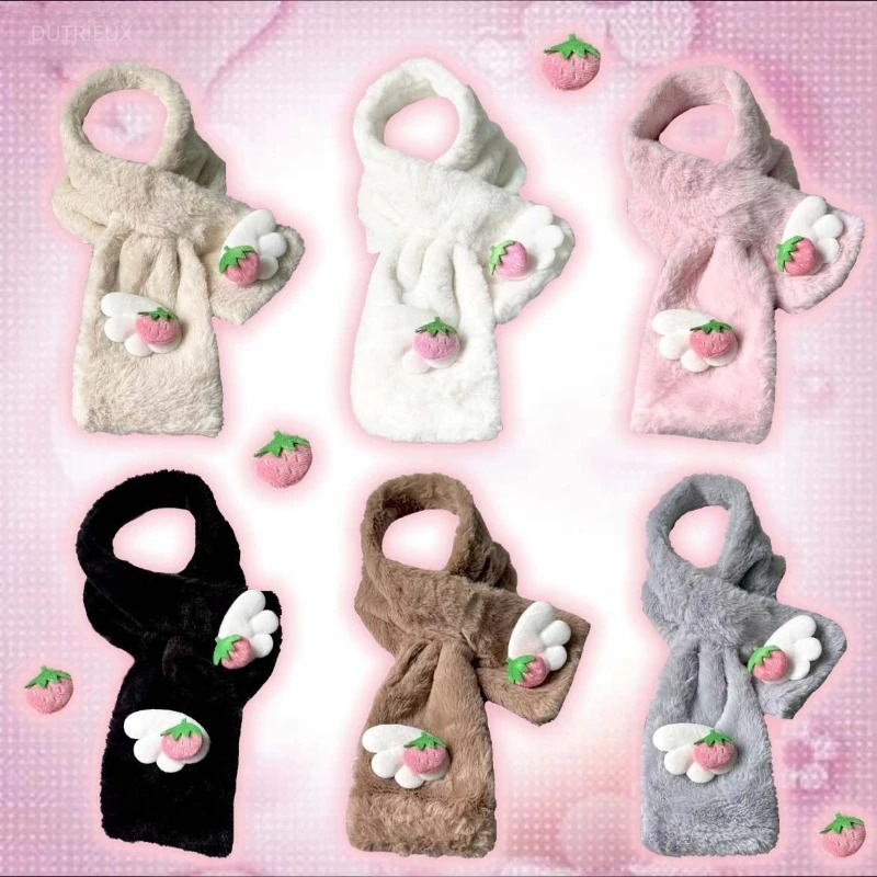 Women'S Y2K Fashion Aesthetic - 2026 日本のクロスガールロングスカーフ女性原宿毛皮のような暖かいかわいいネッカチーフ Y2k 美的翼イチゴ装飾スカーフ