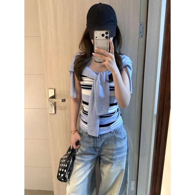 Women'S Y2K Fashion Aesthetic - ブルーのニットスーツ レディース 2026年新作 ショート丈セーターカーディガン ストライプ柄ストラップレスベスト ファッション