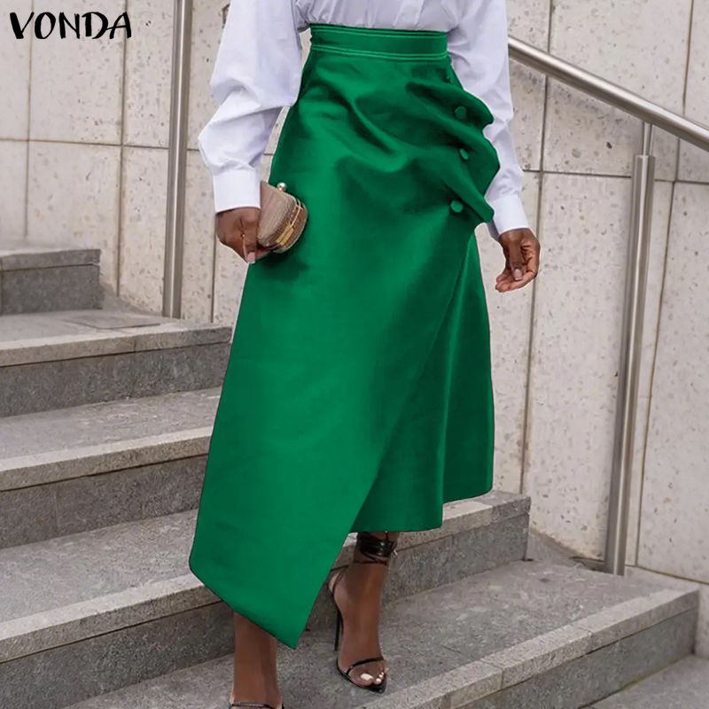 A-Line Skirt Midi - VONDA プラスサイズ 5XL エレガントな女性のサテンスカートハイウエストボタンプリーツ非対称マキシジュープファッション固体ロングファルダスサイア
