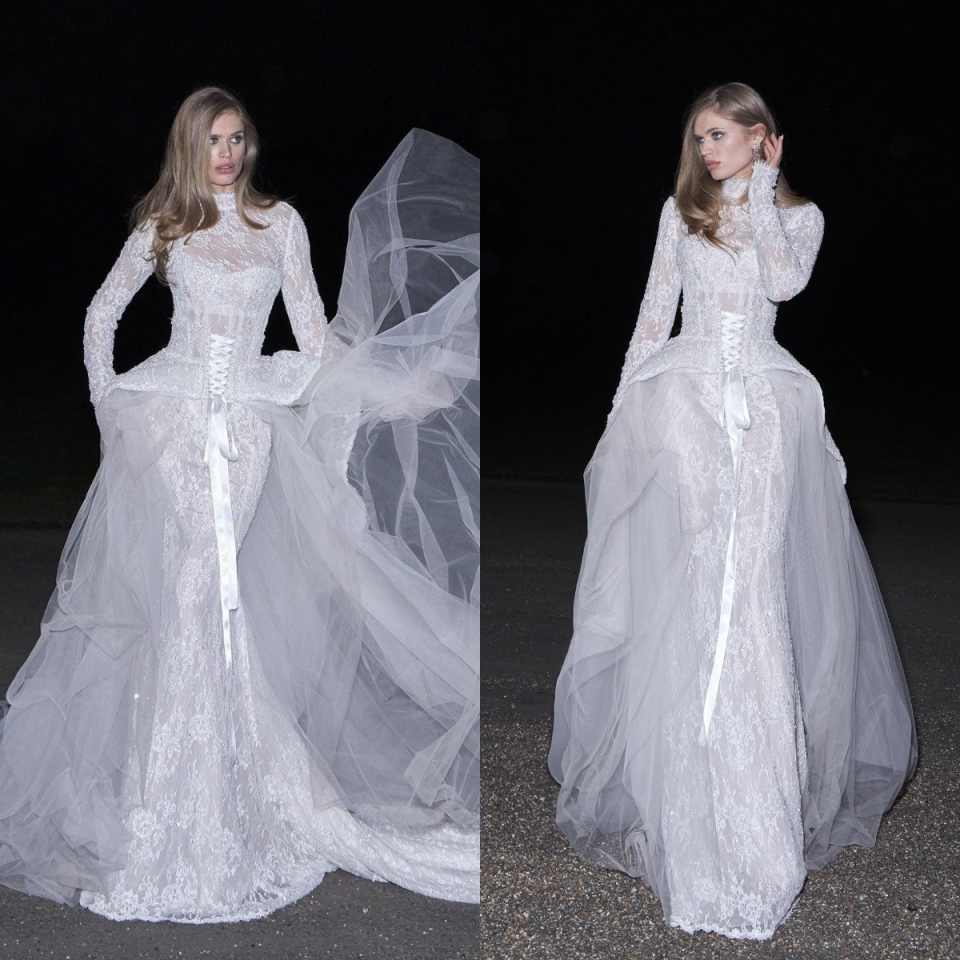 Women Fashion Gown - グラマラスファッションブライダルドレスレースマーメイド長袖ハイネック取り外し可能な夜会服ウェディングドレスフォーマルプロムドレス