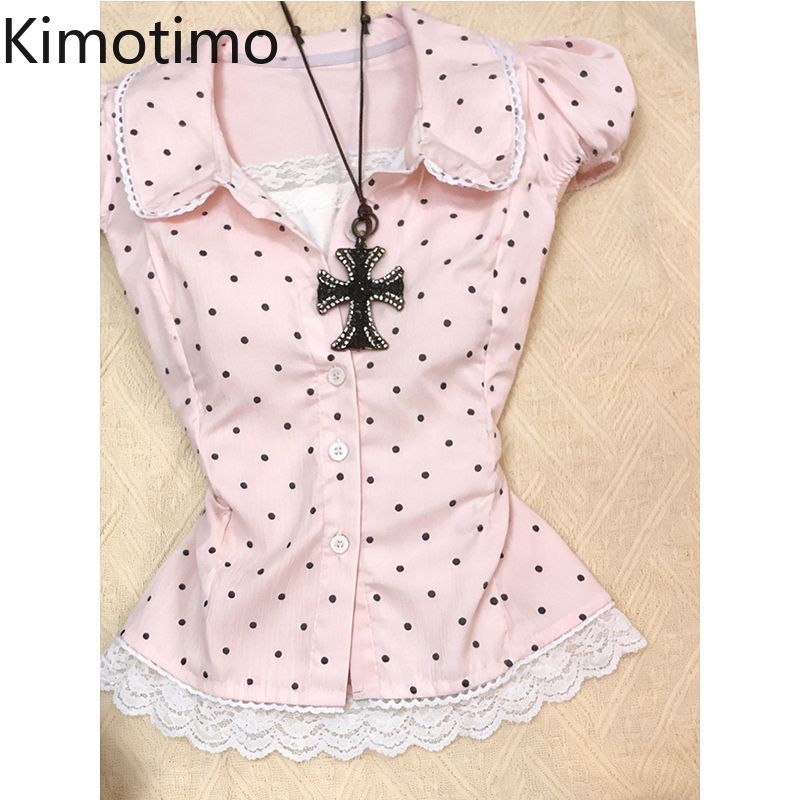 Women'S Y2K Fashion Aesthetic - Kimotimo 甘い水玉模様半袖シャツ女性 2026 夏ラペルスリムウエストクロップトップヴィンテージ Y2k 美的スパイシーガールブラウス