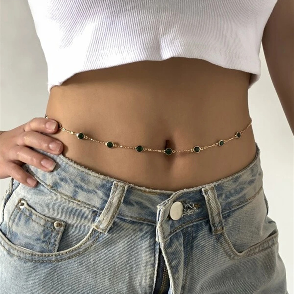 Women'S Y2K Fashion Aesthetic - 女性のための腹の形をしたチェーン,薄い緑の石のチェーンが付いたセクシーなヴィンテージの美的ネックレス