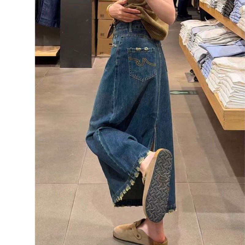A-Line Skirt Midi - フリル裾刺繍入りワードデニムスカート レディース 春夏新作 オープンロングスカート カジュアル万能ミディスカート