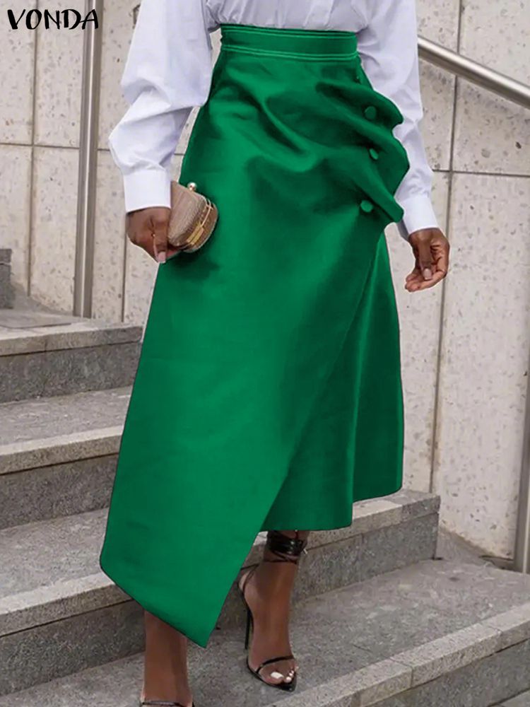 A-Line Skirt Midi - プラスサイズのサテンスカート VONDA エレガントな女性ハイウエストボタンプリーツ非対称マキシジュープファッションソリッドロングファルダスサイア 5XL