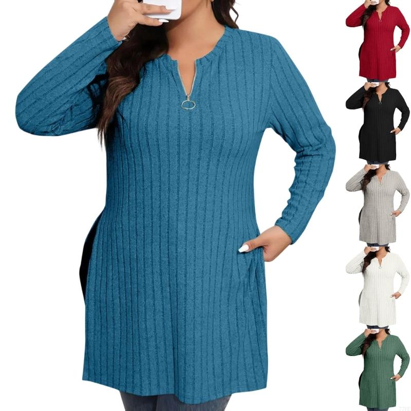 Women'S Fashion Quarter Zip - 77HE クォータージッププルオーバー女性長袖ニットセーター V ネック秋トップスファッション服スリット裾無地トップス
