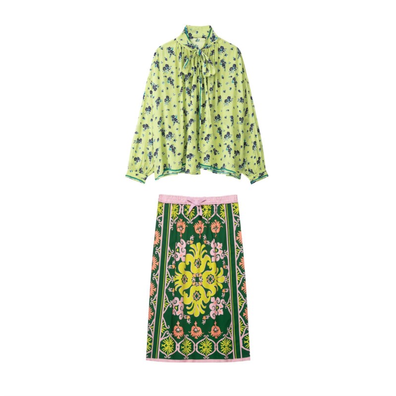 A-Line Skirt Midi - レディースプリントミディスカートセット 新作2026年秋 ハイネックルーズシャツとボウ付きゴムウエストスカートのツーピースセット 女性用衣装