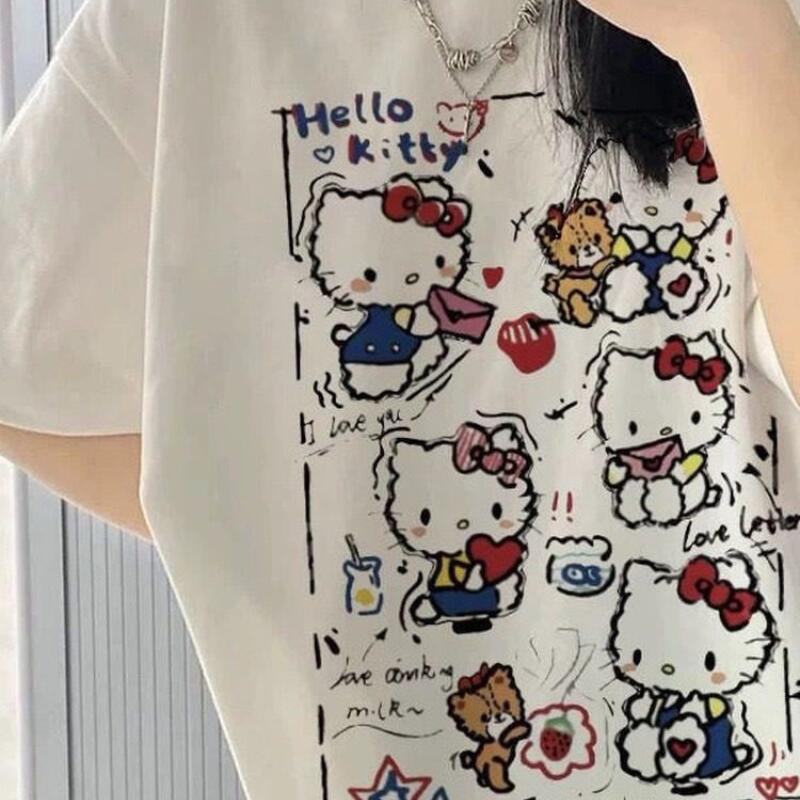 Women'S Fashion Jersey - 半袖サマーハローキティグラフィティプリントTシャツ レディース コットン Y2K キュートな漫画柄 人気ストリートファッション