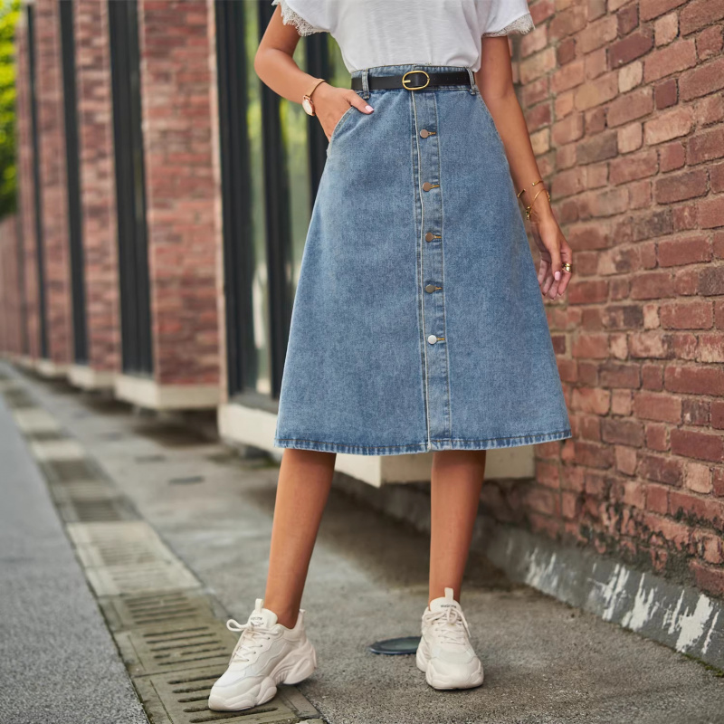 多用途スリムウォッシュドデニムワンボタンミディスカート子供用 - A-Line Skirt Midi のレビューと価格