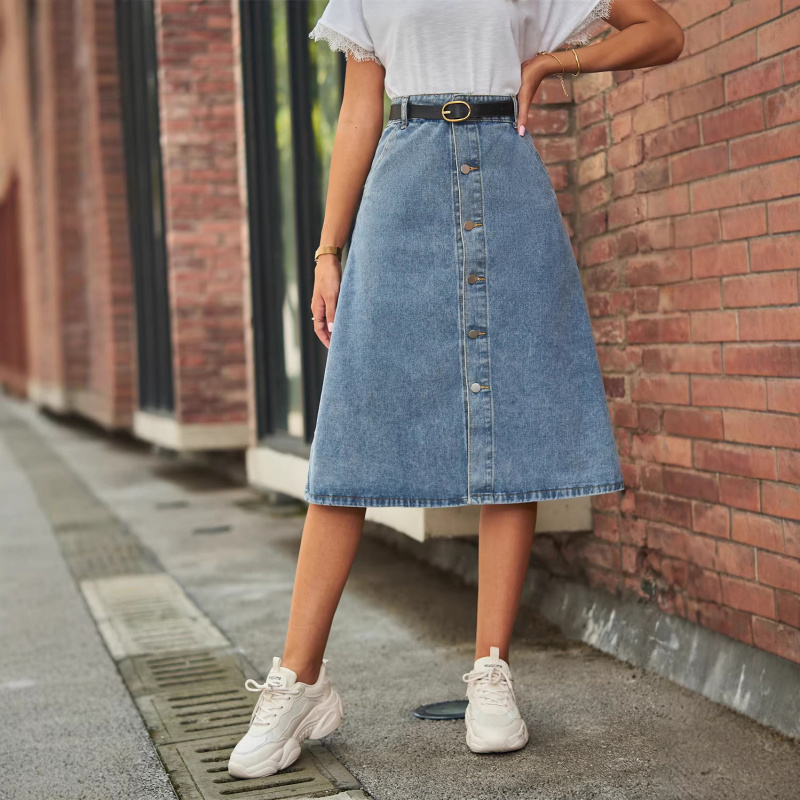 多用途スリムウォッシュドデニムワンボタンミディスカート子供用 - A-Line Skirt Midi のレビューと価格