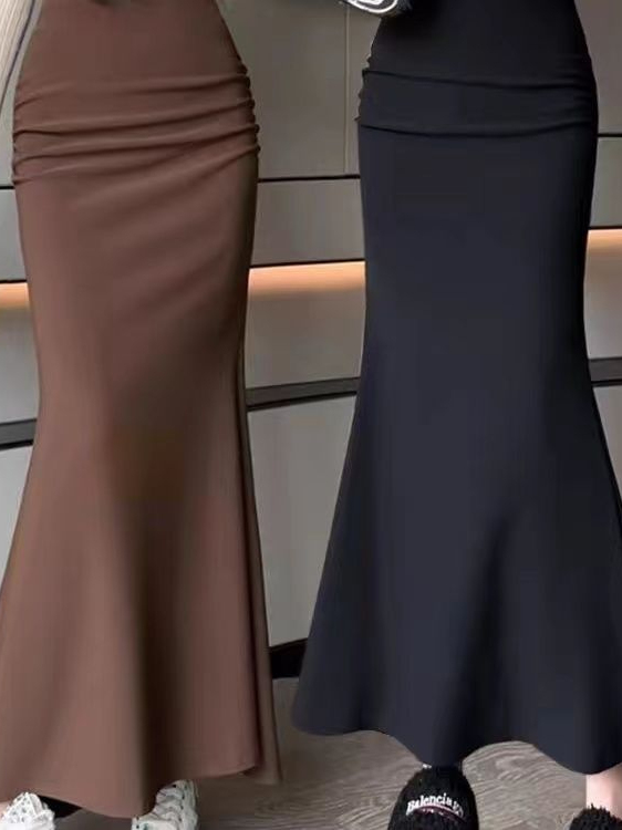 韓国風おしゃれ無地ゴムウエストフィッシュテールスカート秋新作 - A-Line Skirt Midi のレビューと価格