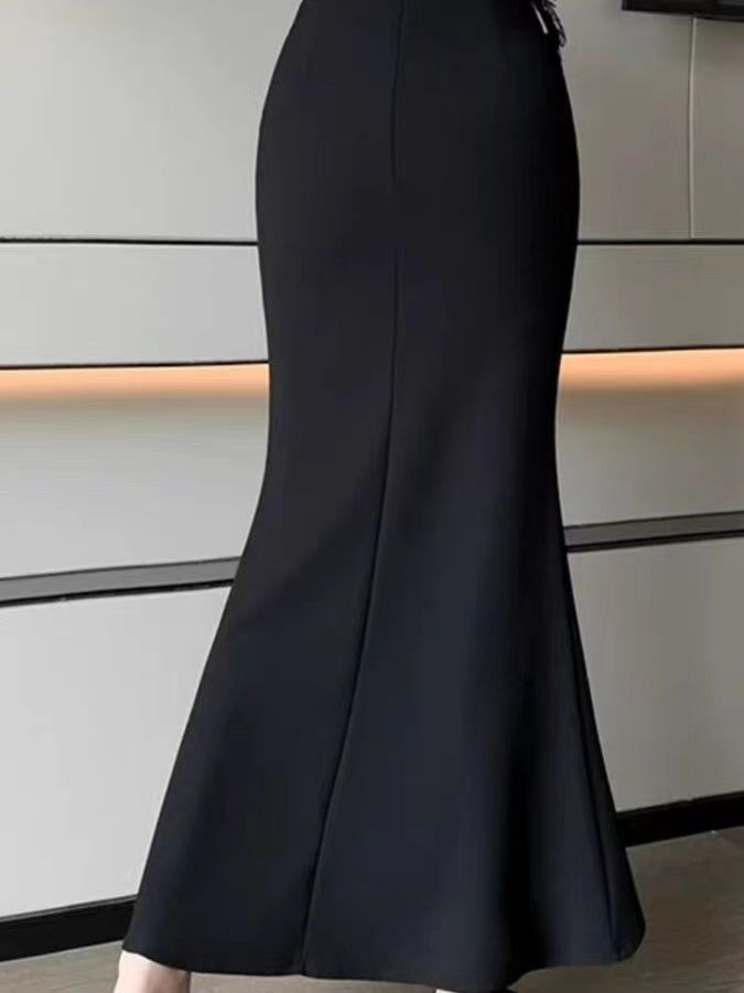 韓国風おしゃれ無地ゴムウエストフィッシュテールスカート秋新作 - A-Line Skirt Midi のレビューと価格