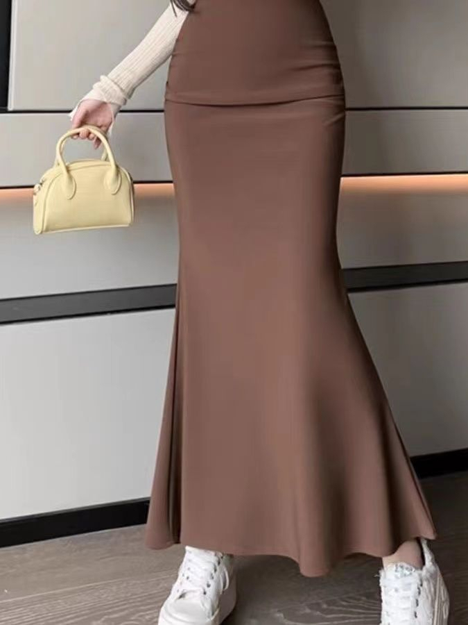 韓国風おしゃれ無地ゴムウエストフィッシュテールスカート秋新作 - A-Line Skirt Midi のレビューと価格