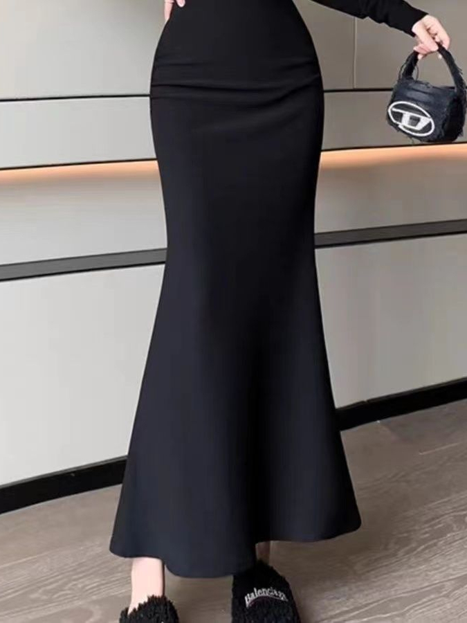 韓国風おしゃれ無地ゴムウエストフィッシュテールスカート秋新作 - A-Line Skirt Midi のレビューと価格