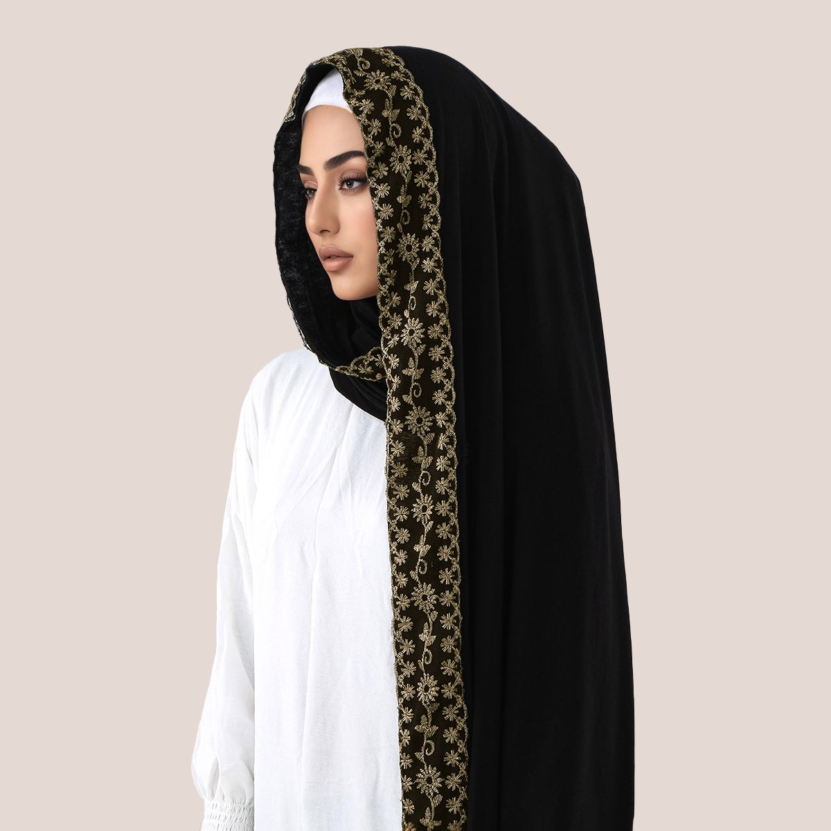 レース刺繍コットンジャージーイスラム教徒ヒジャブロングスカー - Women'S Fashion Jersey のレビューと価格