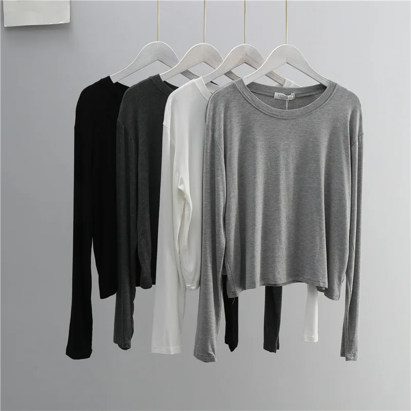 Oネック コットンブレンド 長袖Tシャツ レディース ブラッ - Women'S Fashion Jersey のレビューと価格