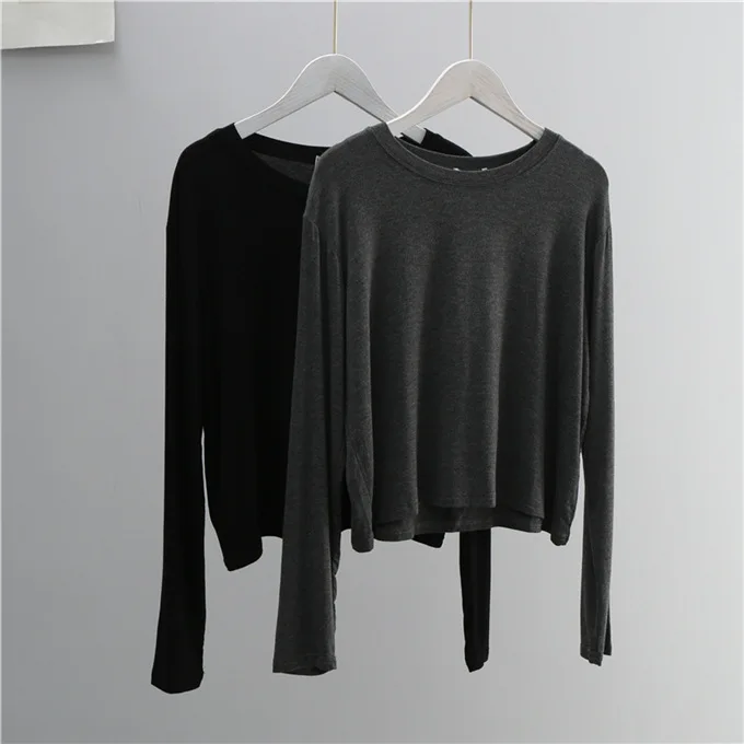 Oネック コットンブレンド 長袖Tシャツ レディース ブラッ - Women'S Fashion Jersey のレビューと価格